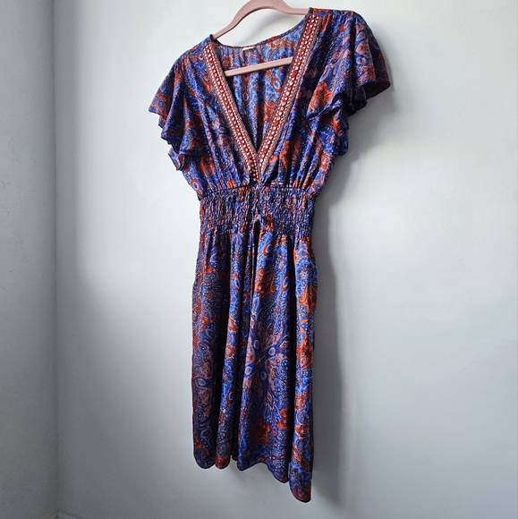 Art Silk Dresses & Skirts - Art Silk Made In India Purple & Red Jeweled Smoked Boho Flutter Sleeve Dress